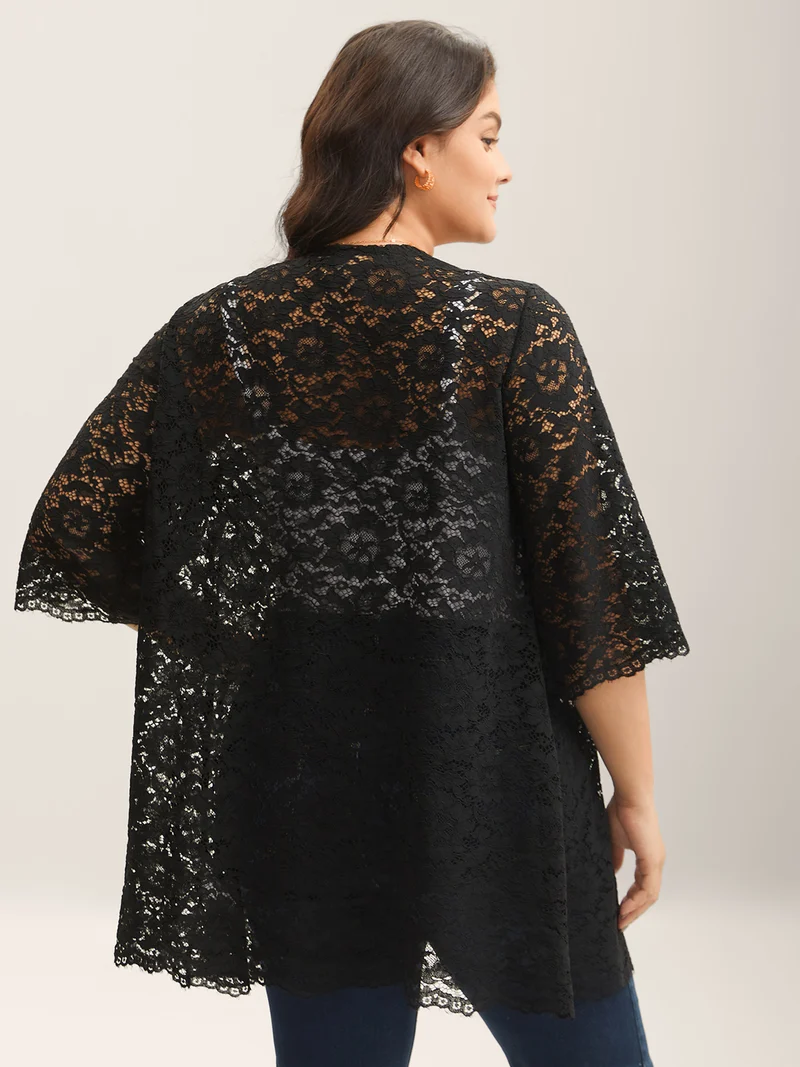 Lace Sheer Scalloped Hem Kimono
