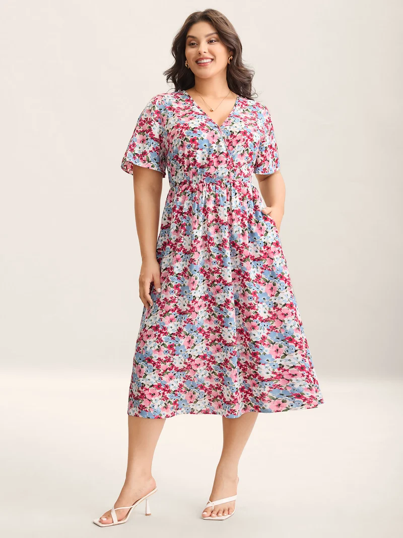 Floral Print Pockets Lined Midi Dress