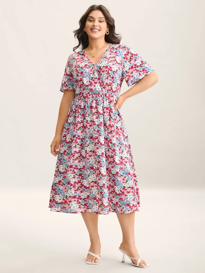 Floral Print Pockets Lined Midi Dress