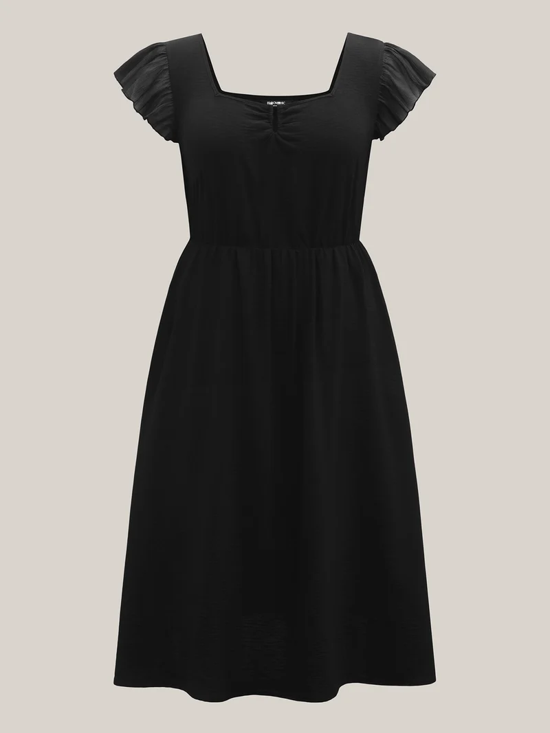 Spliced Gathered Neckline Pockets Midi Dress