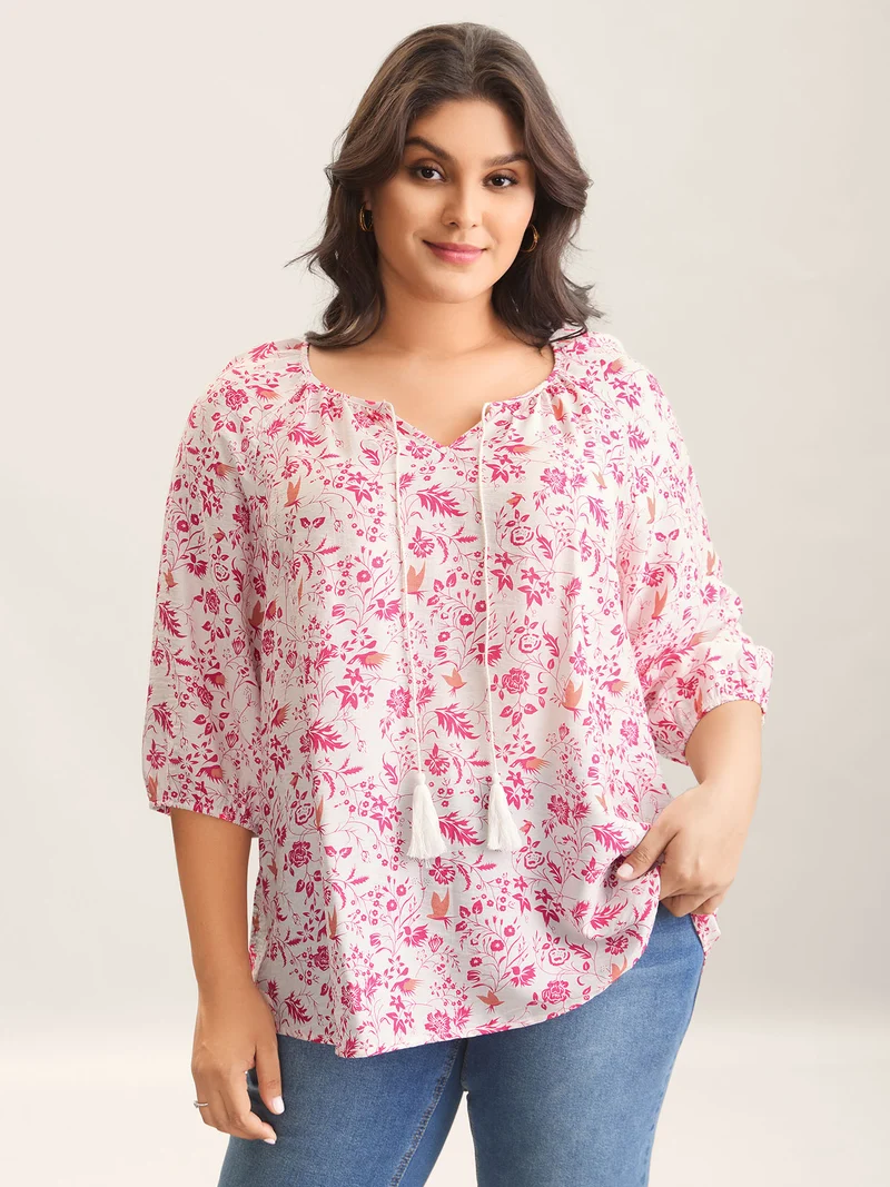 Silhouette Floral Print Neck Tassels Blouse