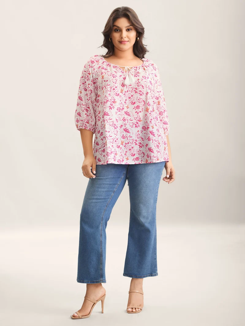 Silhouette Floral Print Neck Tassels Blouse