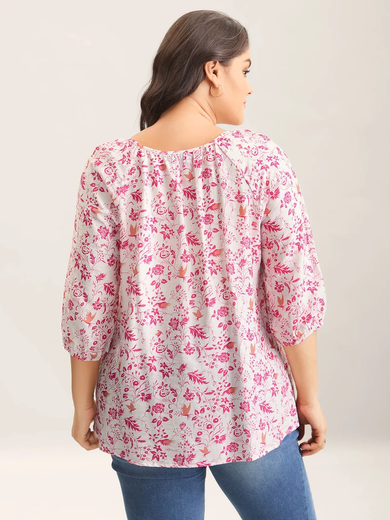 Silhouette Floral Print Neck Tassels Blouse
