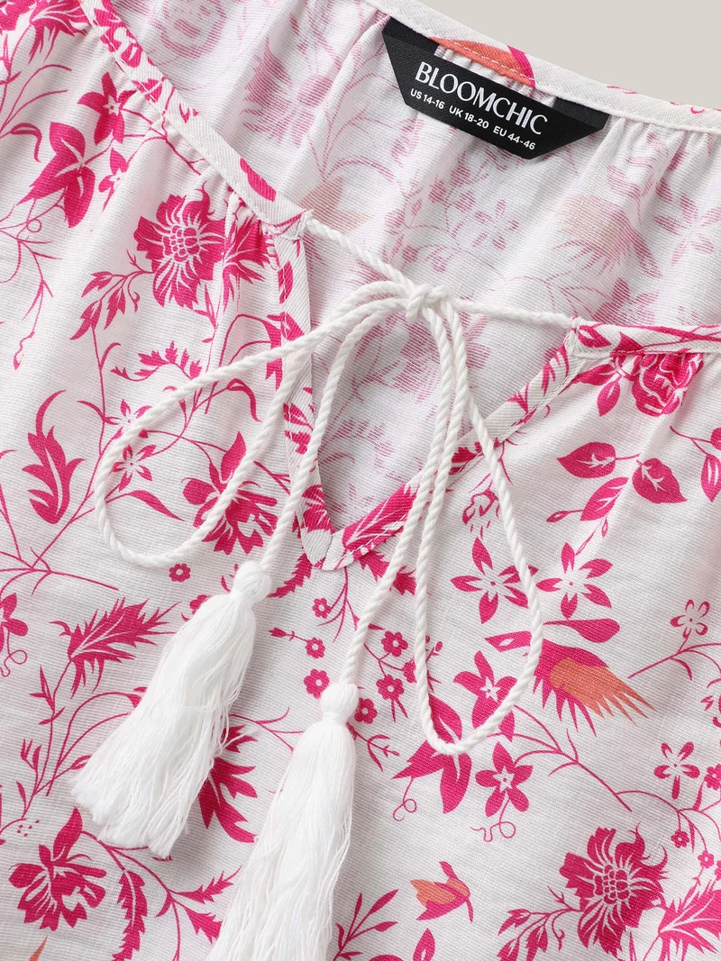 Silhouette Floral Print Neck Tassels Blouse