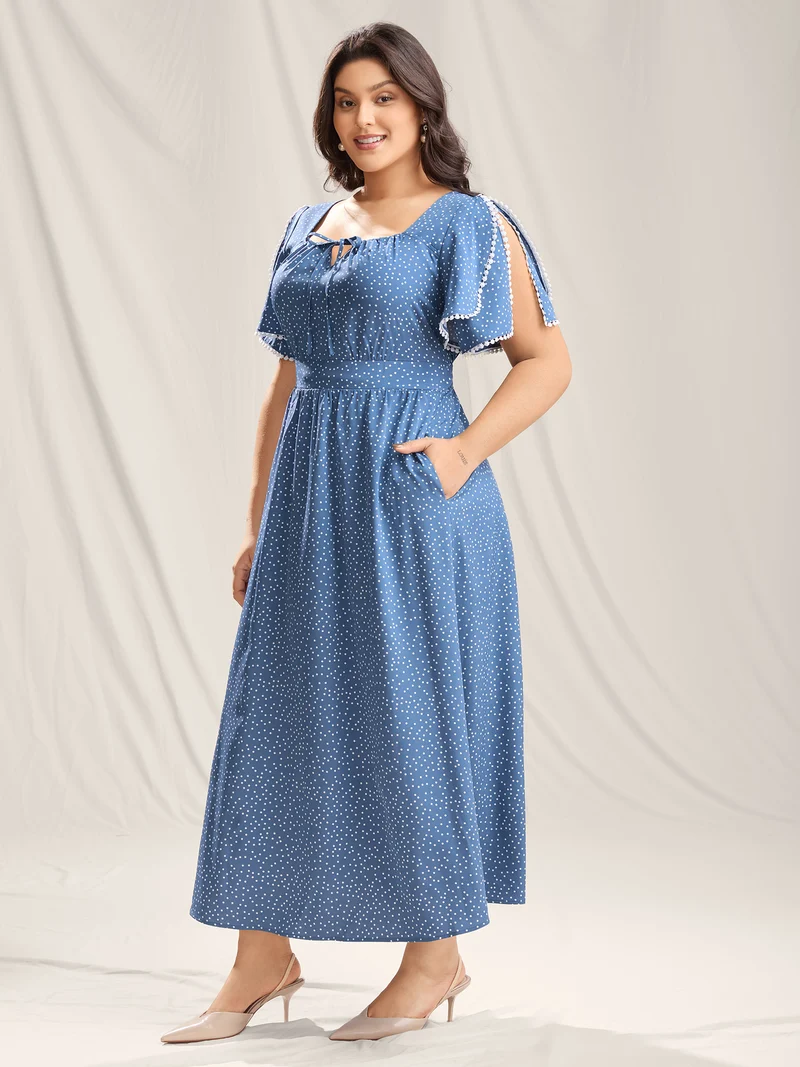 Polka Dots Layer Sleeves Keyhole Maxi Dress