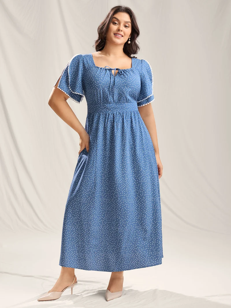 Polka Dots Layer Sleeves Keyhole Maxi Dress