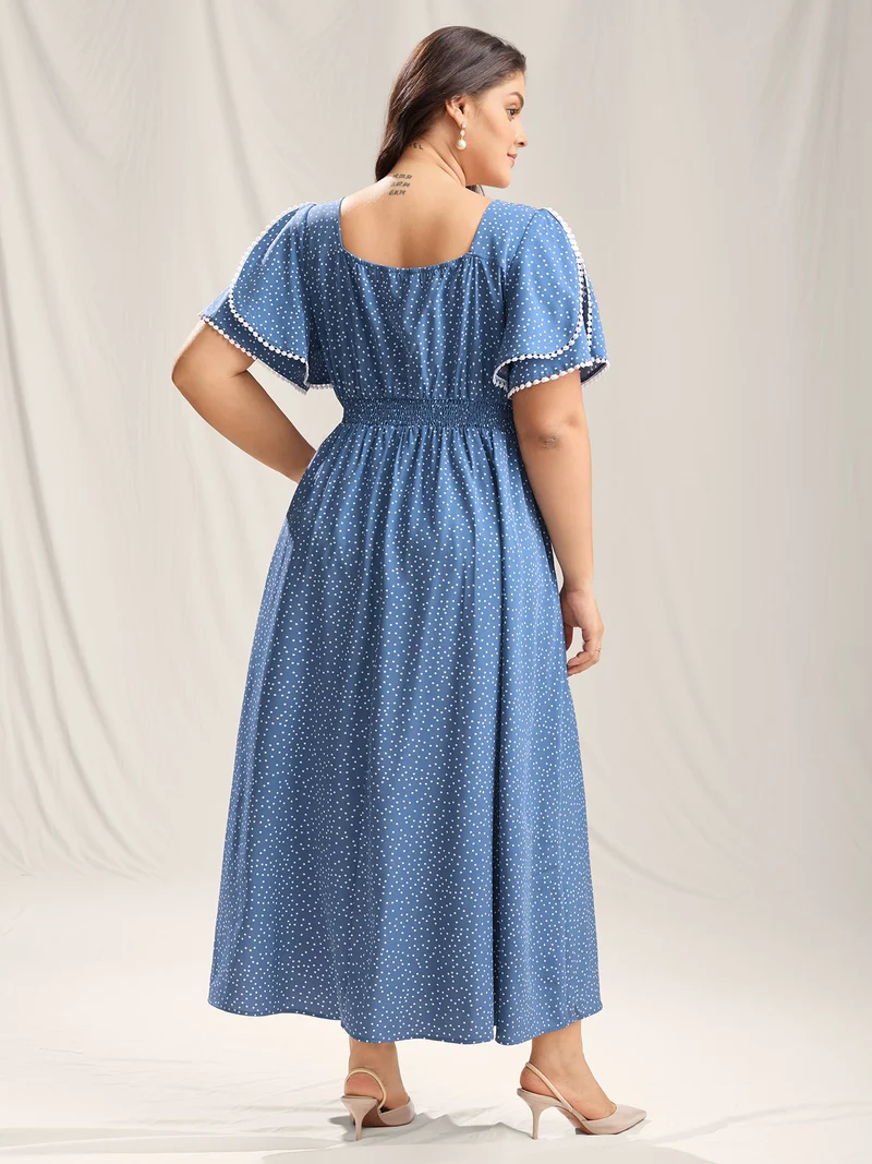 Polka Dots Layer Sleeves Keyhole Maxi Dress