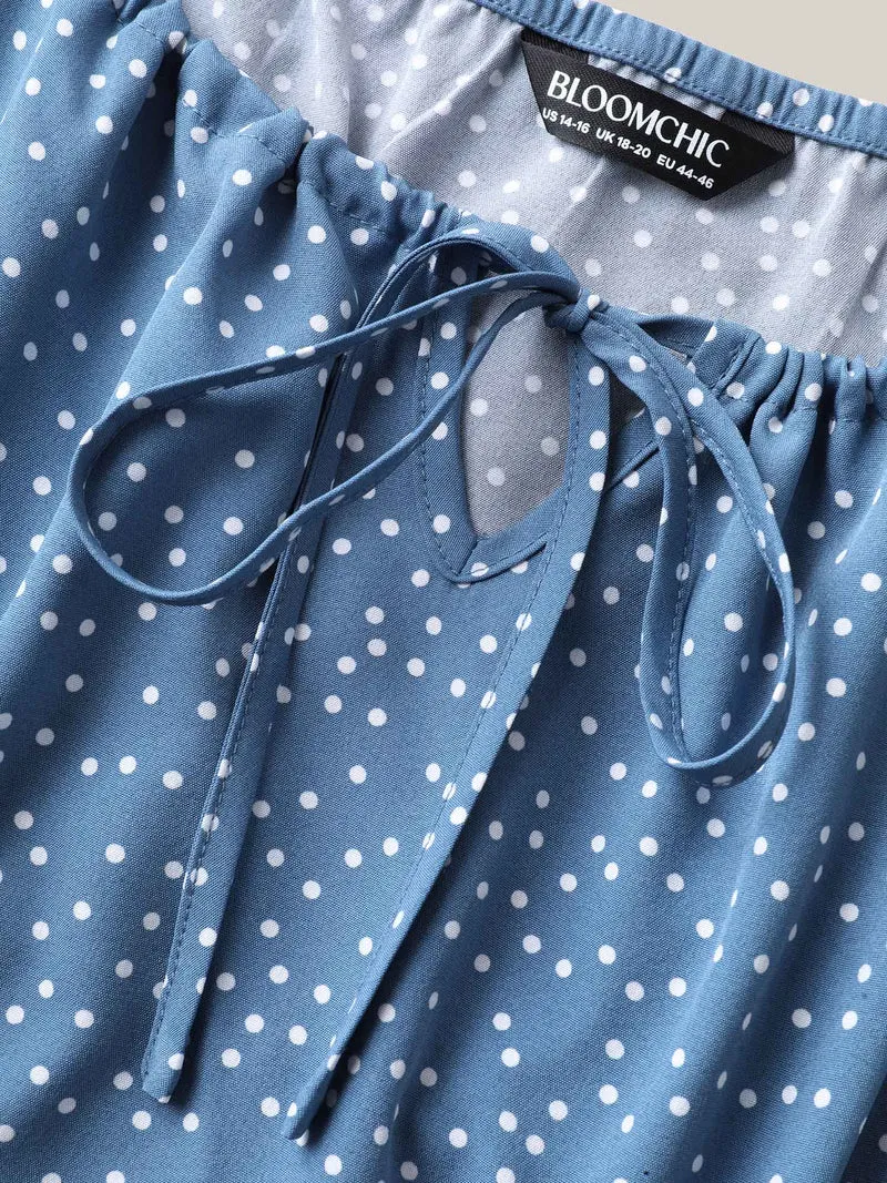 Polka Dots Layer Sleeves Keyhole Maxi Dress