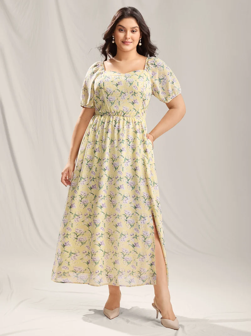 Vine Flower Sweetheart Neck Slit Maxi Dress