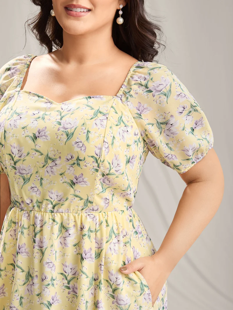 Vine Flower Sweetheart Neck Slit Maxi Dress