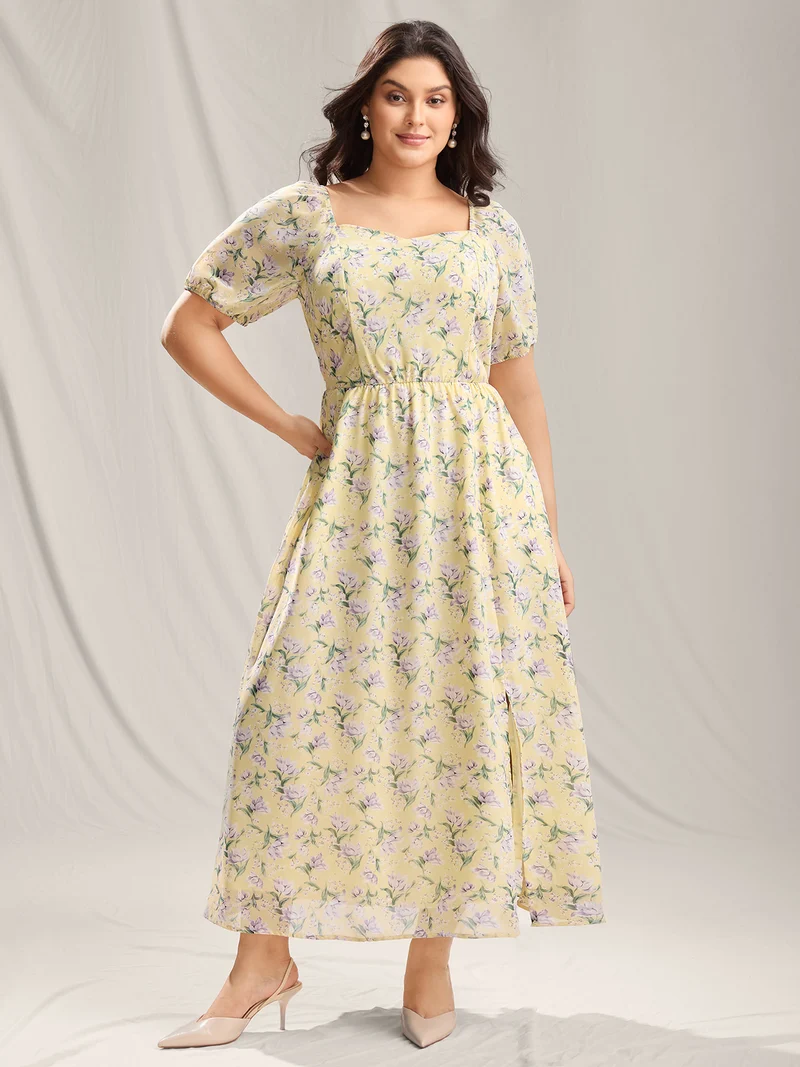 Vine Flower Sweetheart Neck Slit Maxi Dress