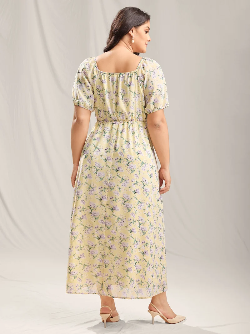 Vine Flower Sweetheart Neck Slit Maxi Dress