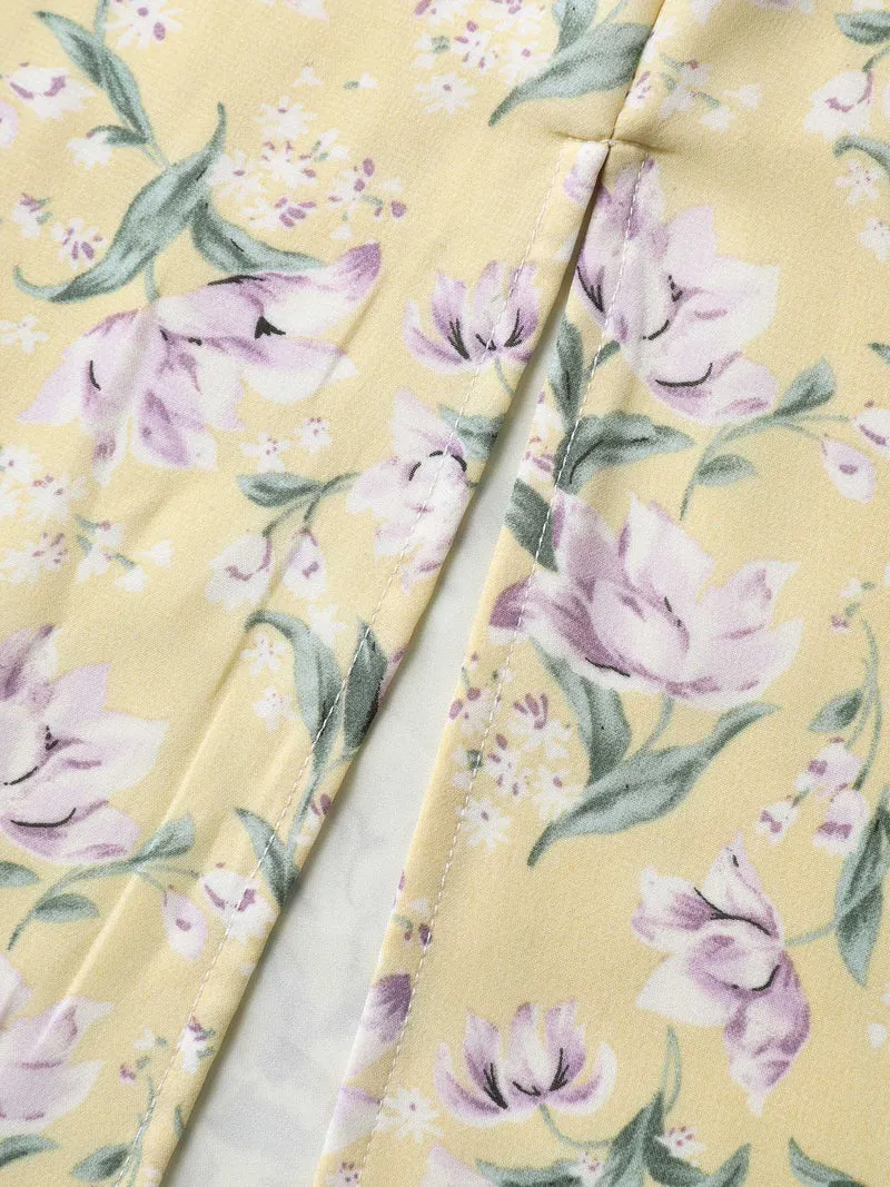 Vine Flower Sweetheart Neck Slit Maxi Dress