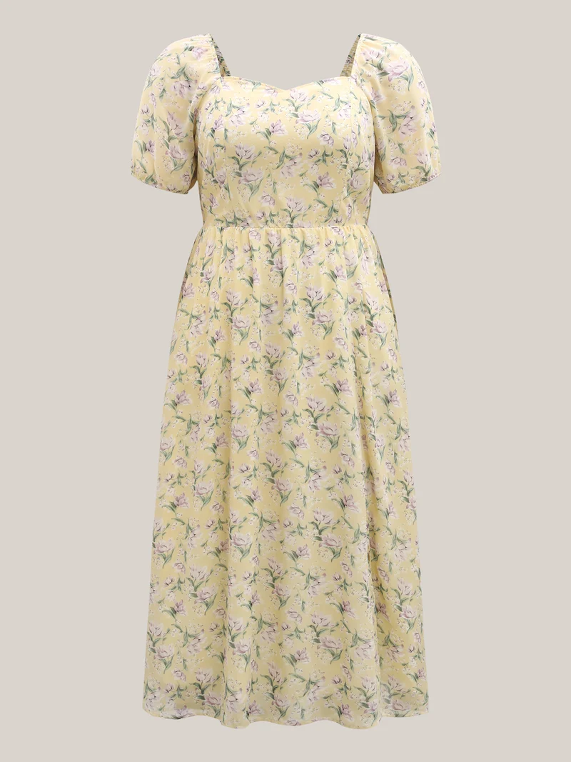 Vine Flower Sweetheart Neck Slit Maxi Dress