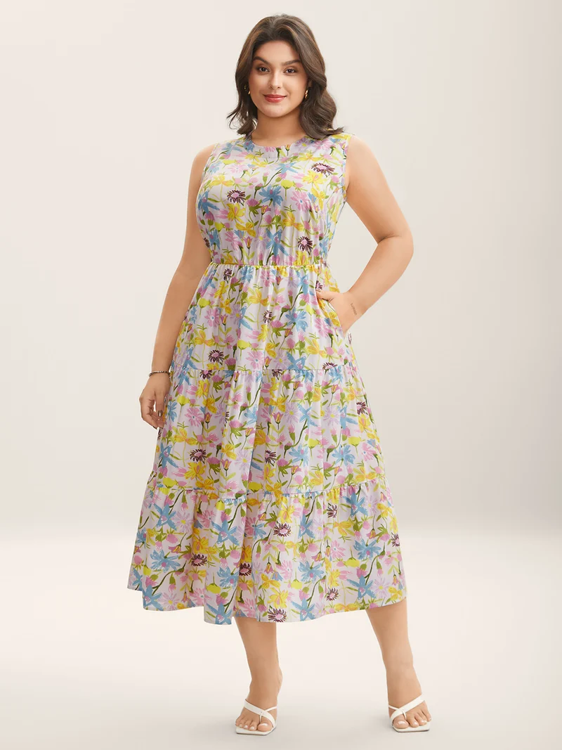 Floral Print Round Neck Tiered Maxi Dress