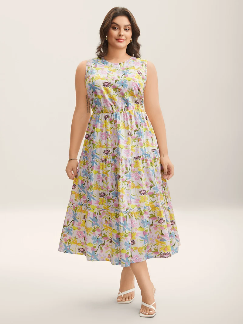 Floral Print Round Neck Tiered Maxi Dress