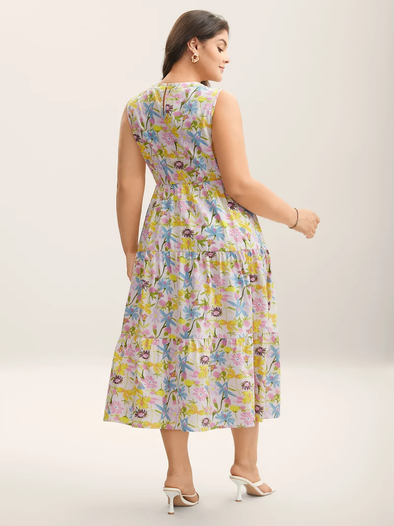 Floral Print Round Neck Tiered Maxi Dress