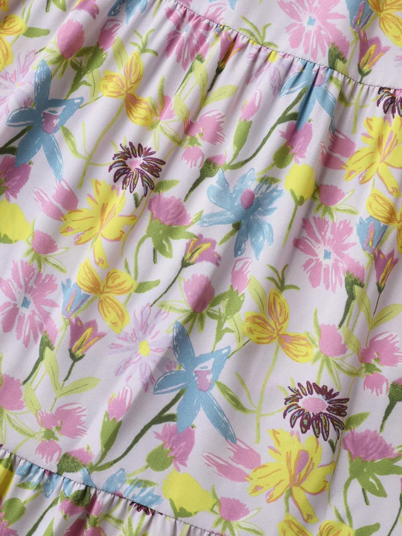 Floral Print Round Neck Tiered Maxi Dress