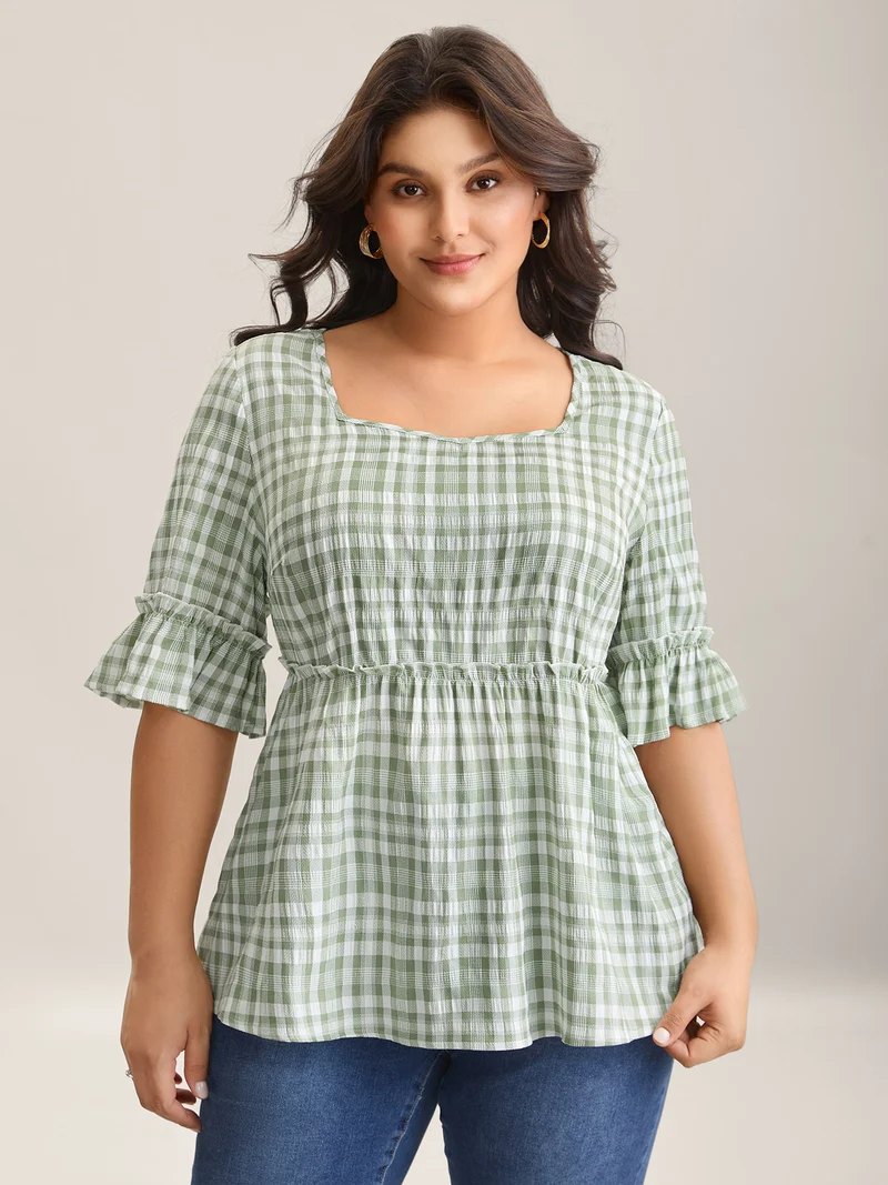 Plaid Pattern Ruffled Sleeve Babydoll Top