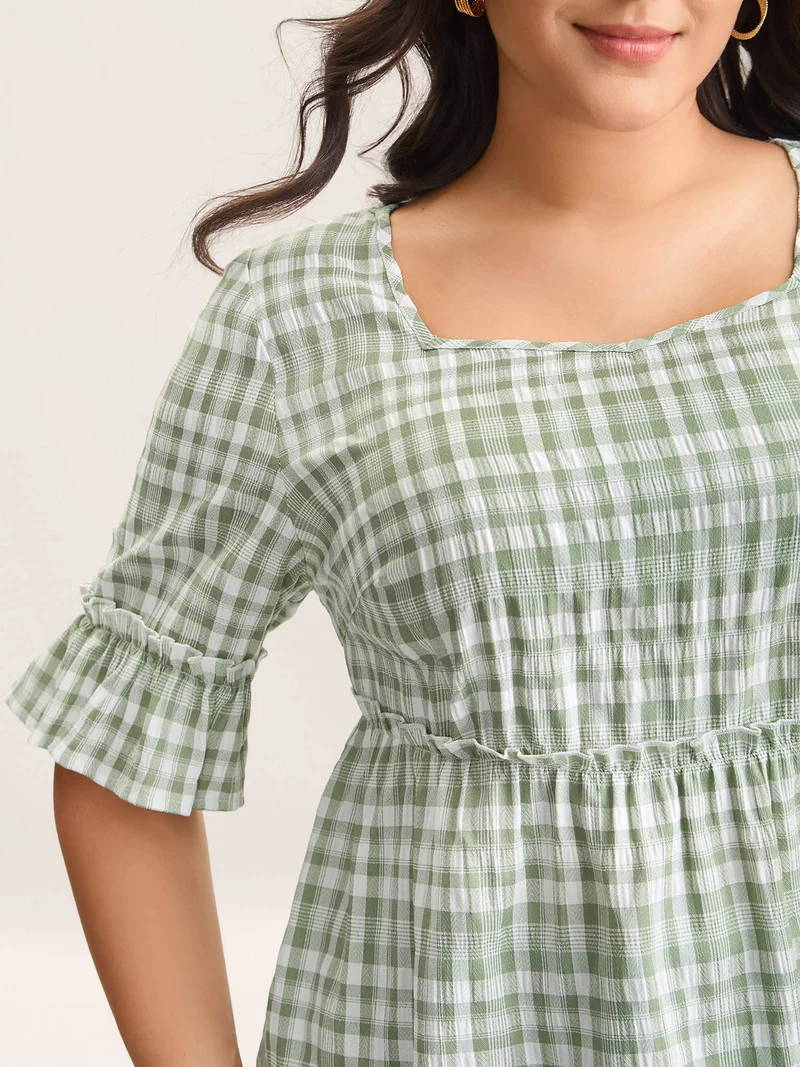 Plaid Pattern Ruffled Sleeve Babydoll Top