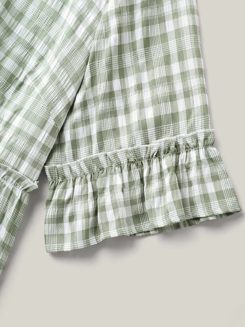 Plaid Pattern Ruffled Sleeve Babydoll Top