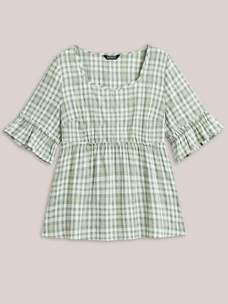 Plaid Pattern Ruffled Sleeve Babydoll Top