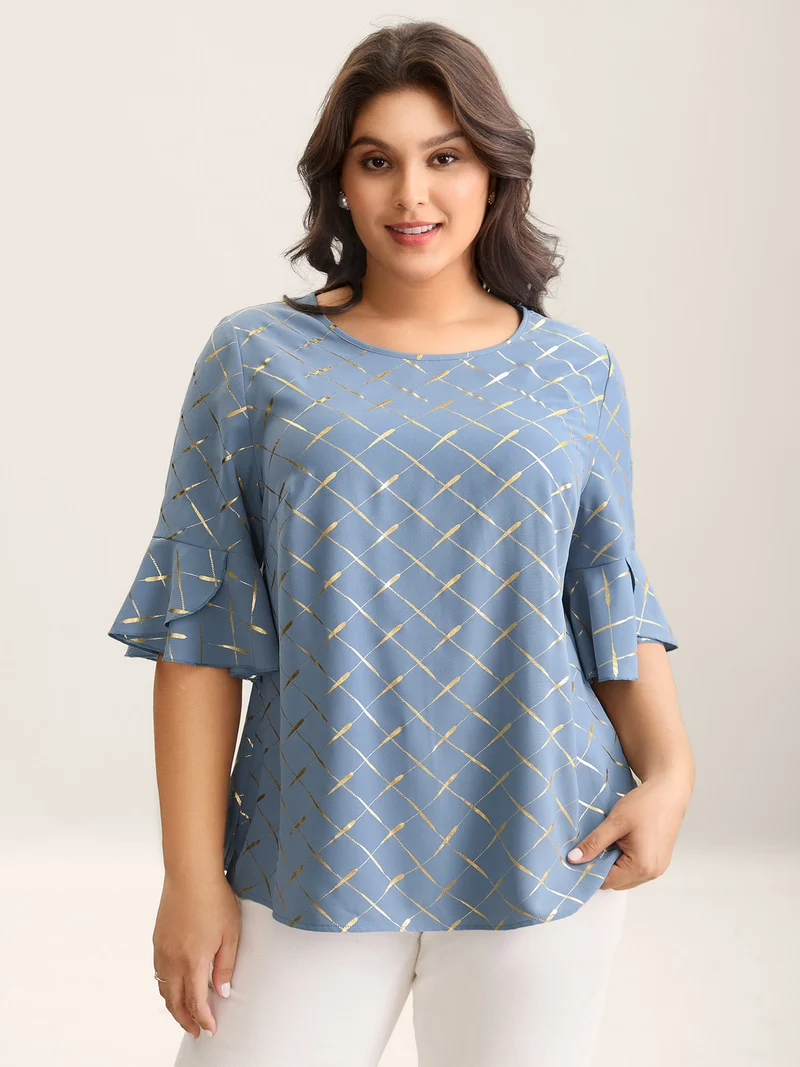 Glitter Plaid Ruffle Sleeve Blouse