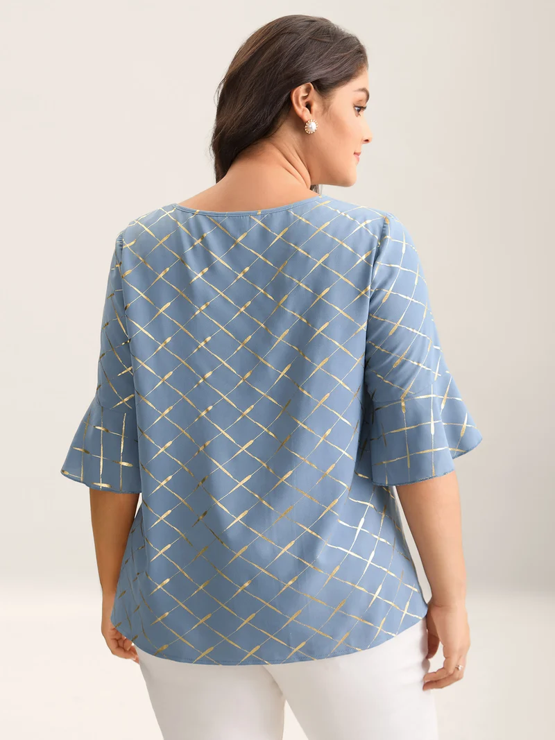 Glitter Plaid Ruffle Sleeve Blouse