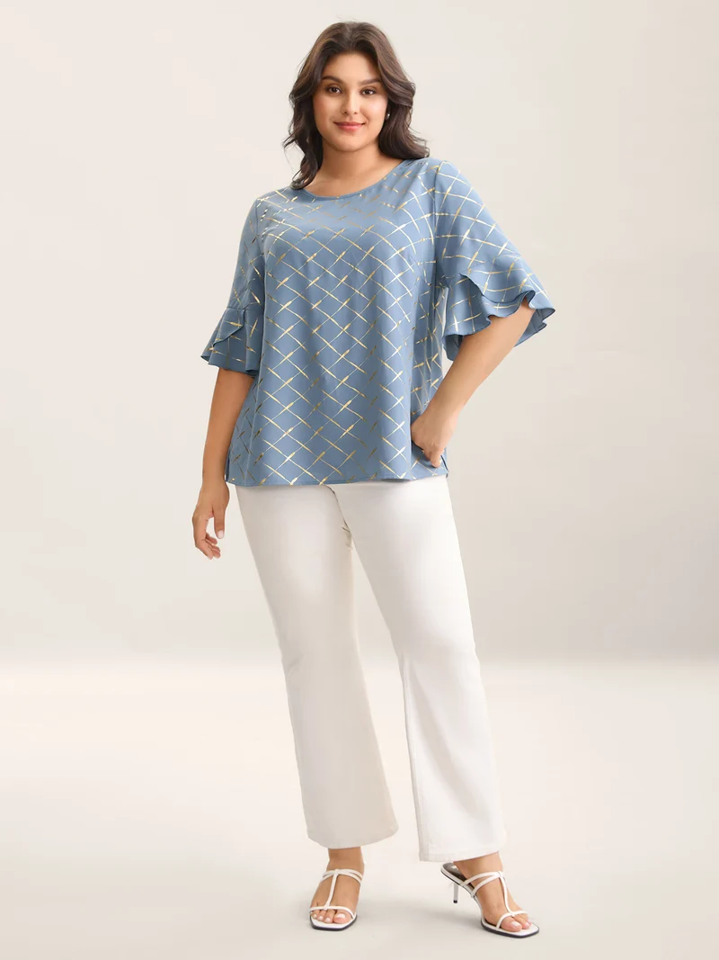 Glitter Plaid Ruffle Sleeve Blouse