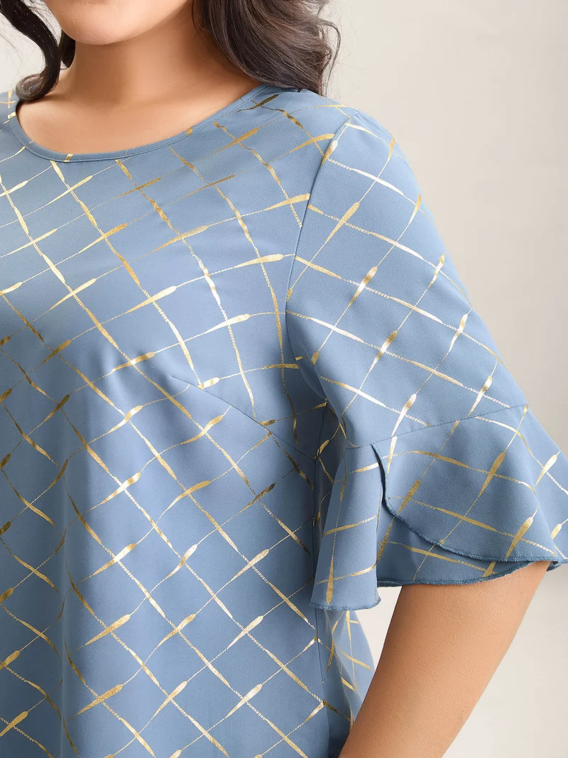 Glitter Plaid Ruffle Sleeve Blouse