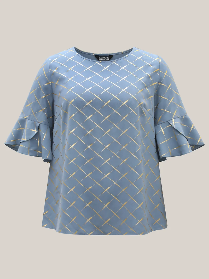 Glitter Plaid Ruffle Sleeve Blouse