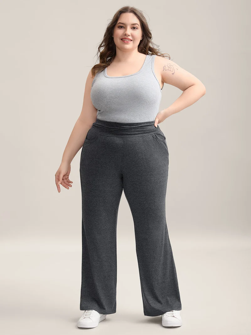 Folding Waist Plain Bootcut Pants