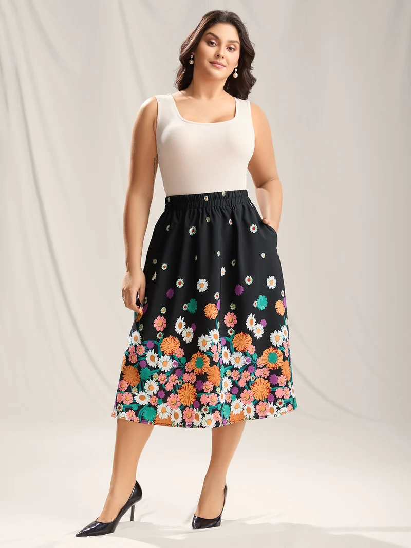 Floral Print Pleated Midi Skirt