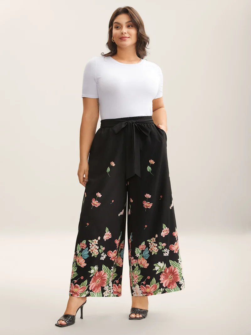 Floral Print Belted Wide-Leg Pants
