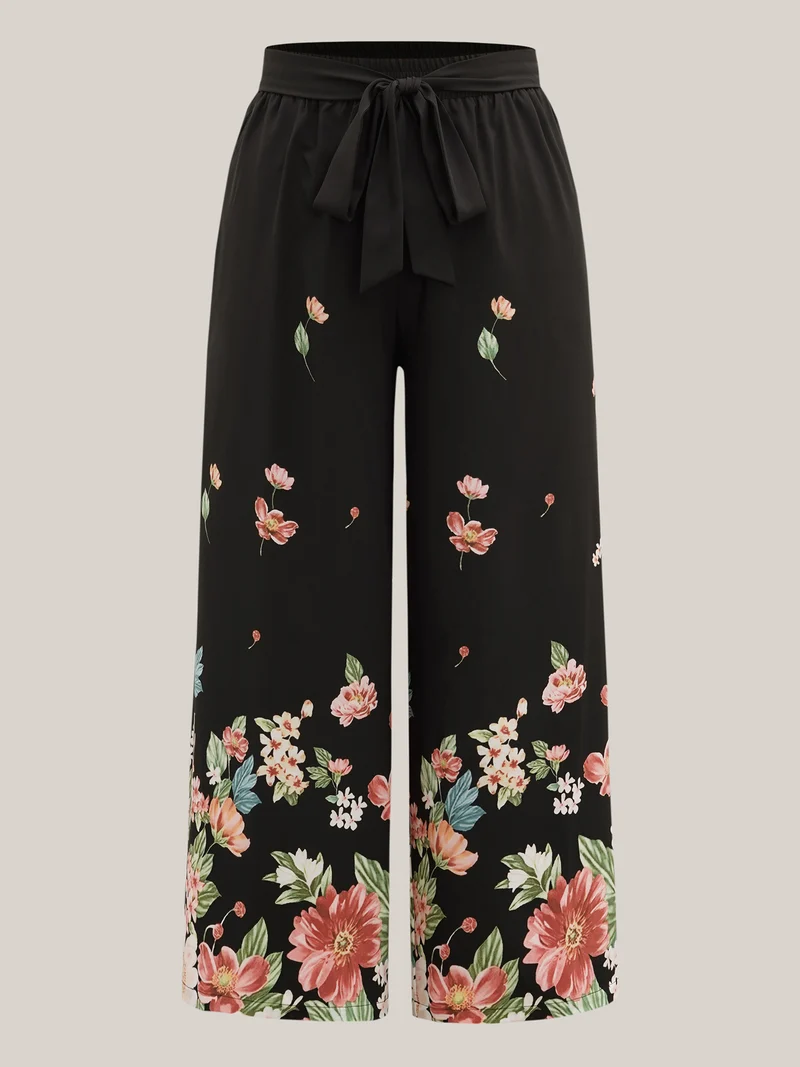 Floral Print Belted Wide-Leg Pants