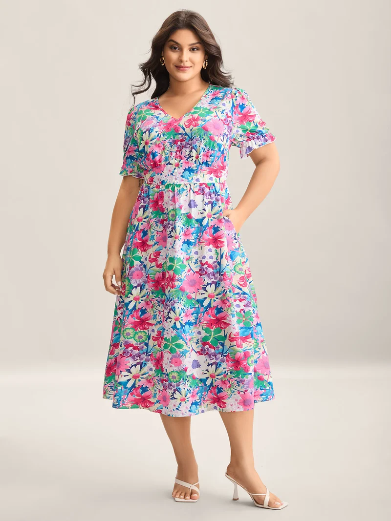 Resort Ready Print Shirred Waist Midi Dress