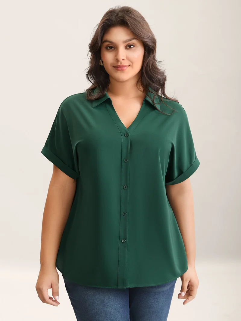 Rolled Hem Sleeve Collar Plain Blouse