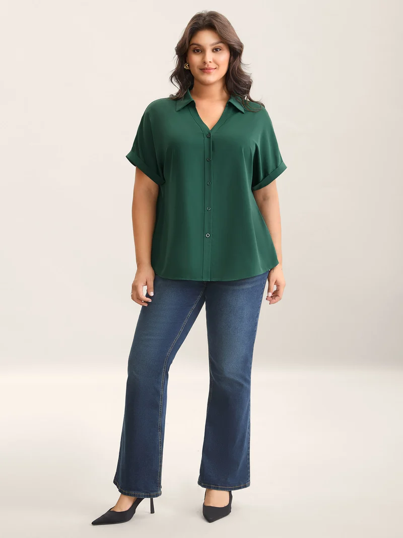 Rolled Hem Sleeve Collar Plain Blouse