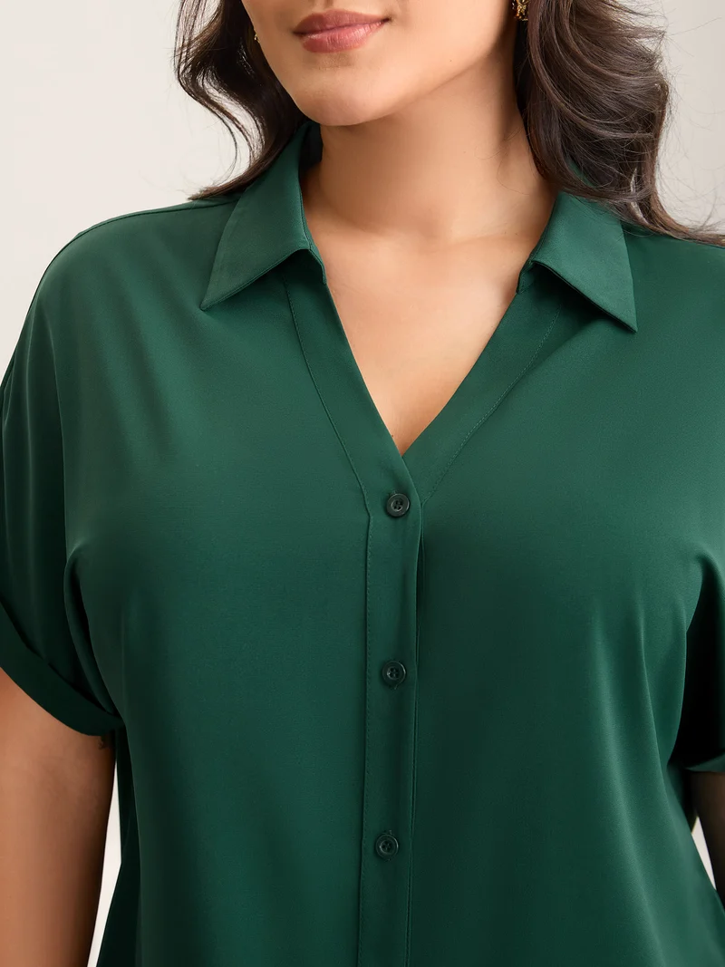 Rolled Hem Sleeve Collar Plain Blouse