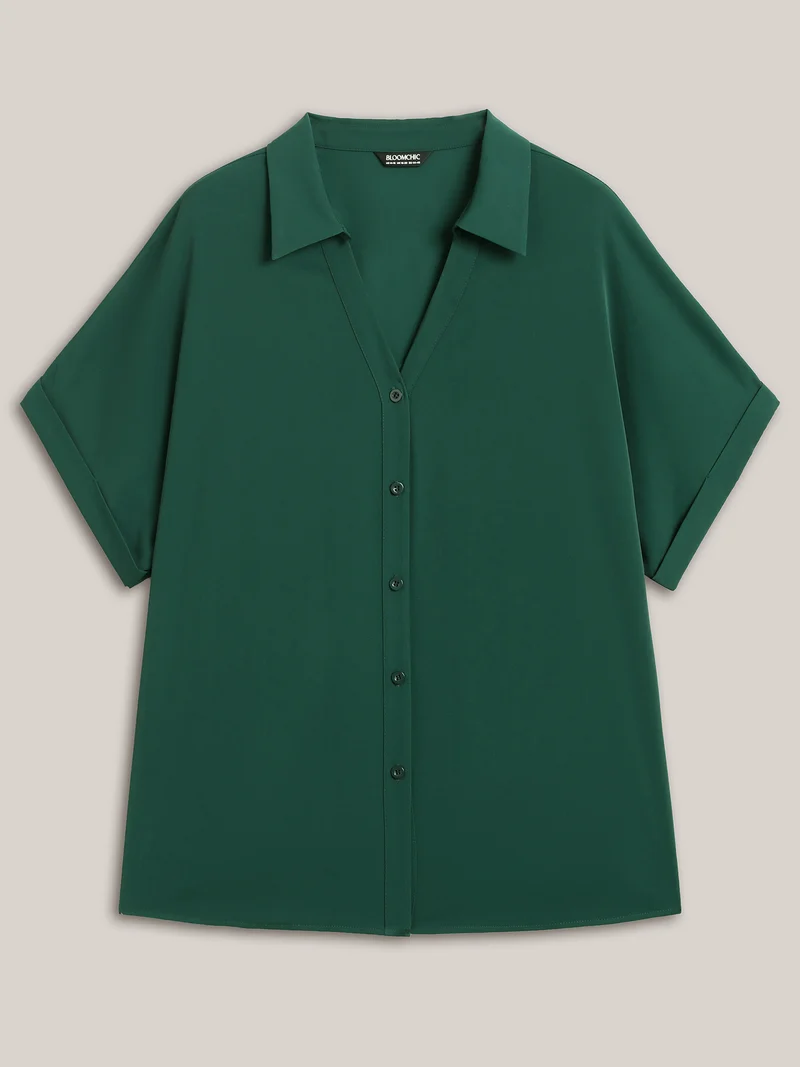 Rolled Hem Sleeve Collar Plain Blouse