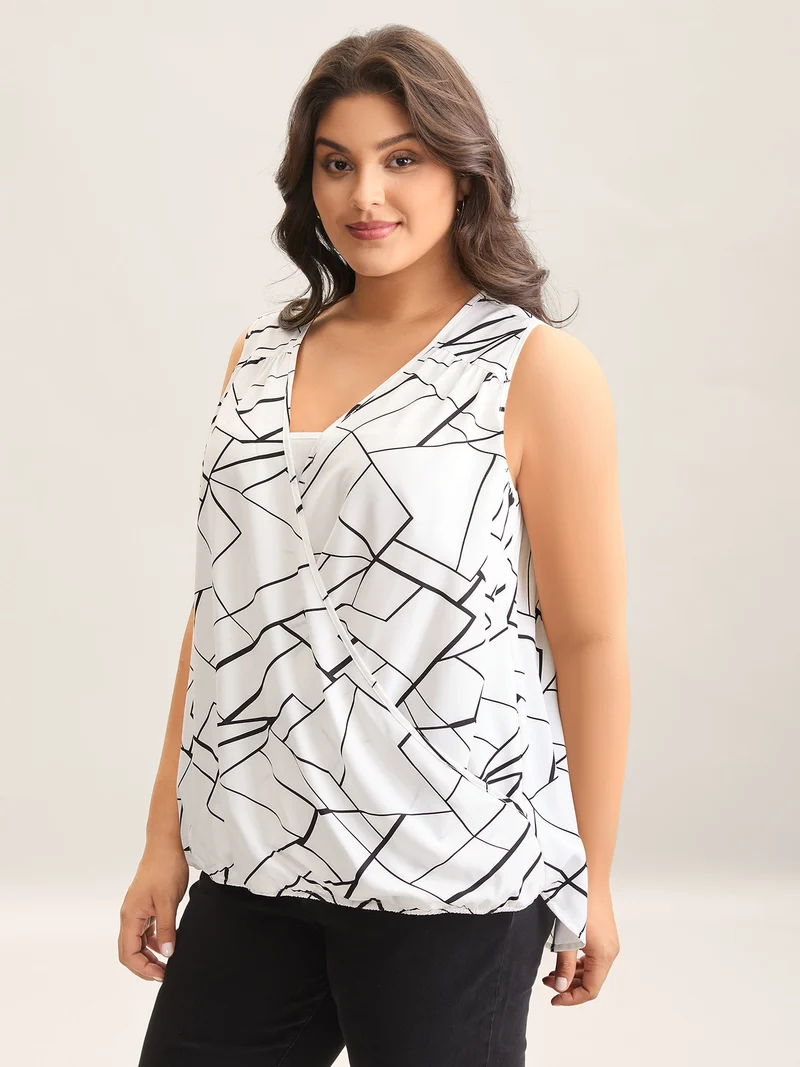 Abstract Print Wrap Curvy Hem Tank Top