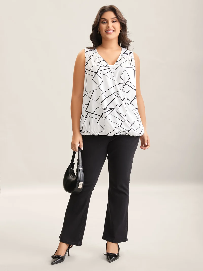 Abstract Print Wrap Curvy Hem Tank Top