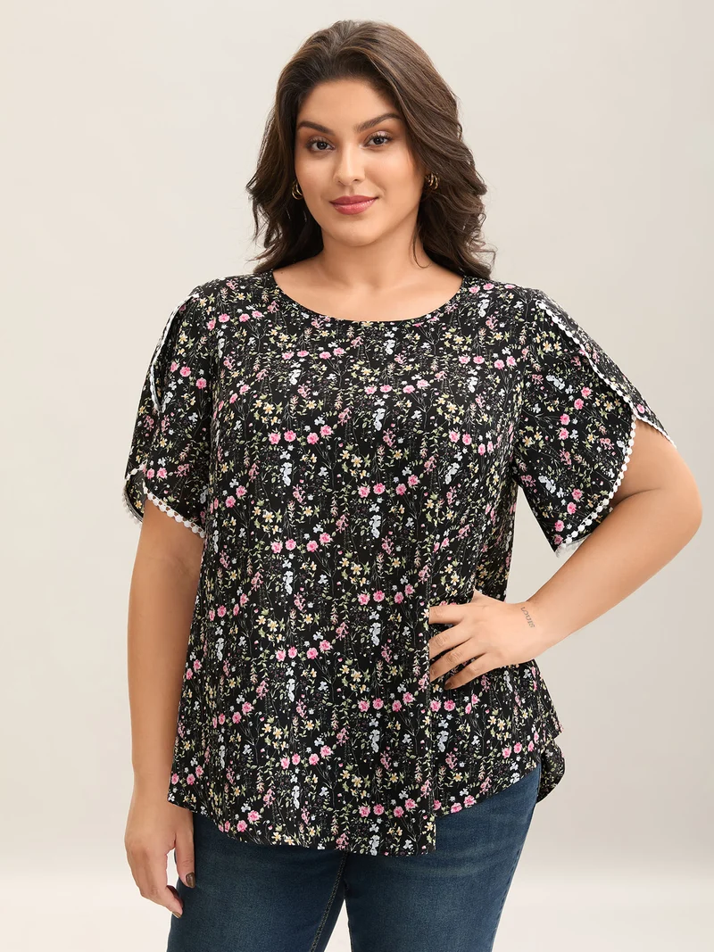 Floral Print Petal Sleeve Shirt