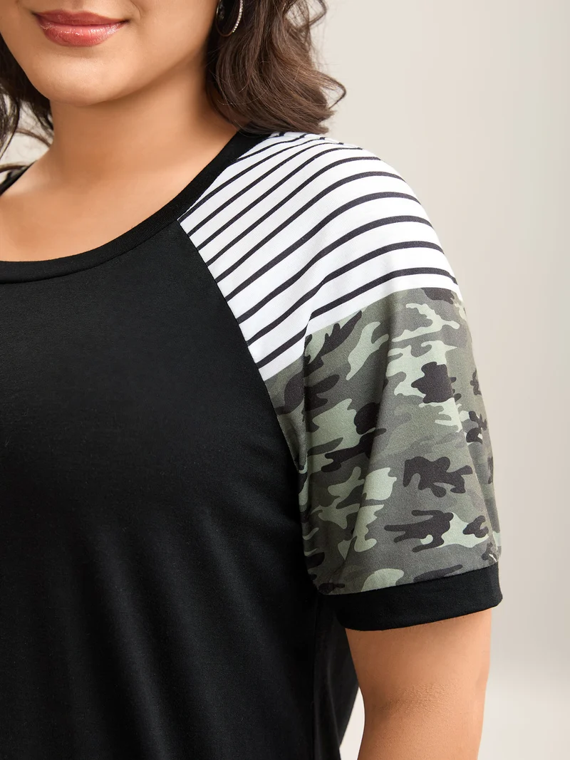 Striped Camouflage Print Round Neck T-Shirt