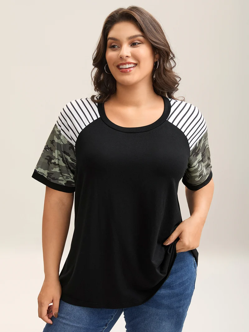 Striped Camouflage Print Round Neck T-Shirt