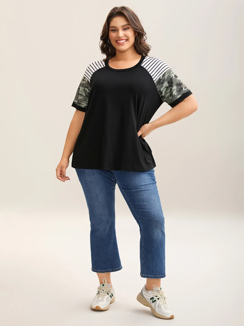 Striped Camouflage Print Round Neck T-Shirt