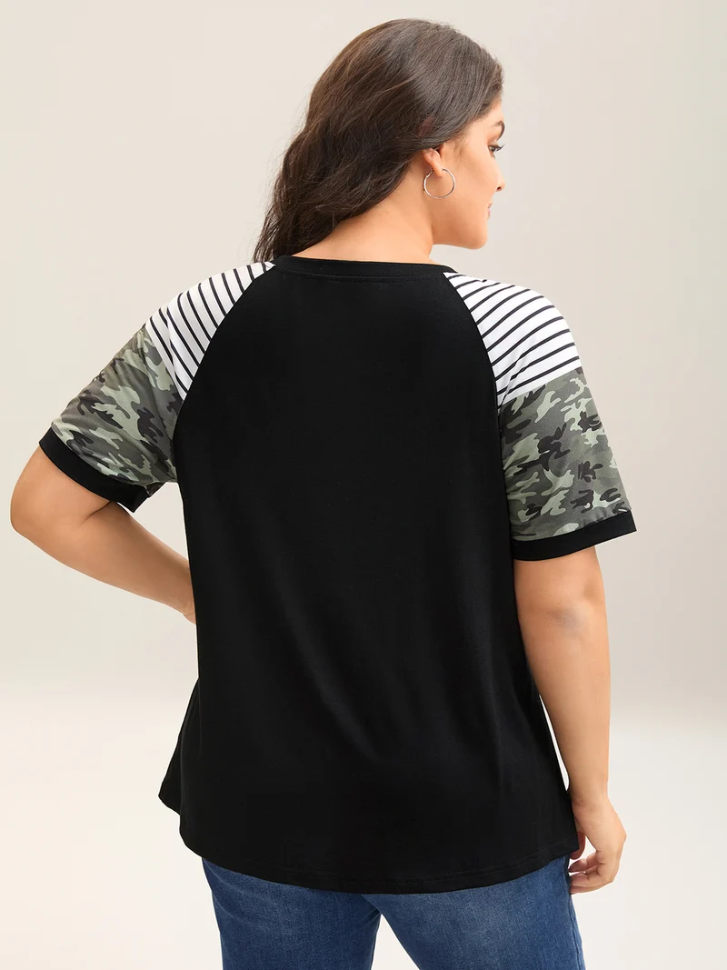 Striped Camouflage Print Round Neck T-Shirt