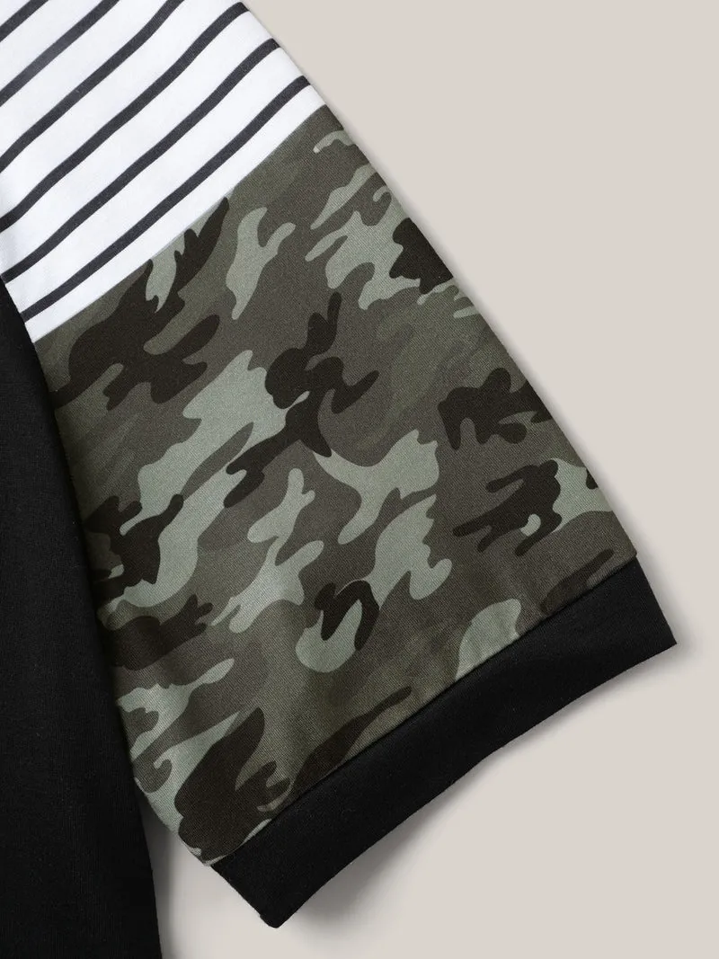 Striped Camouflage Print Round Neck T-Shirt