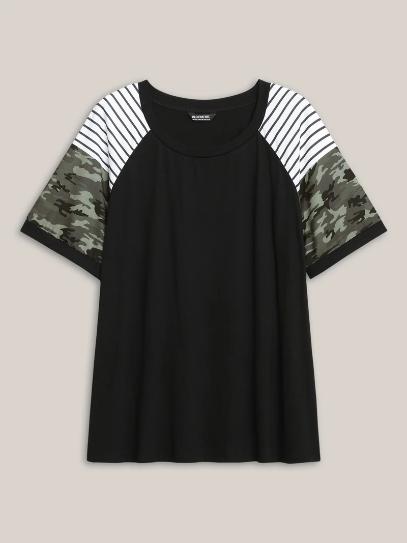 Striped Camouflage Print Round Neck T-Shirt