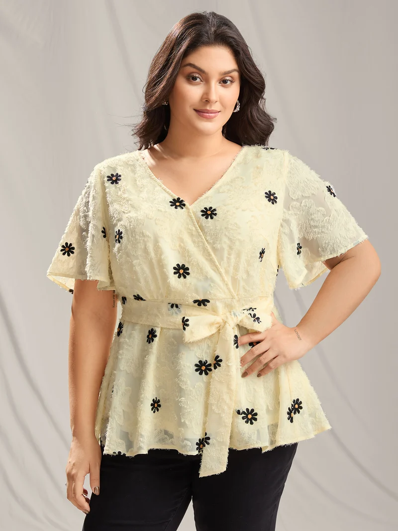 Textured Embroidery Surplice Belted Blouse